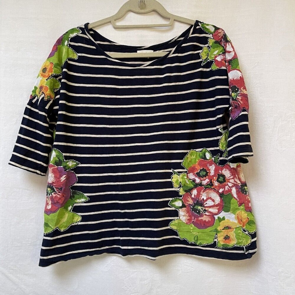 Anthropologie Meadow Rue Lanthe Blue Striped Floral Blouse Womens Medium Cottage
